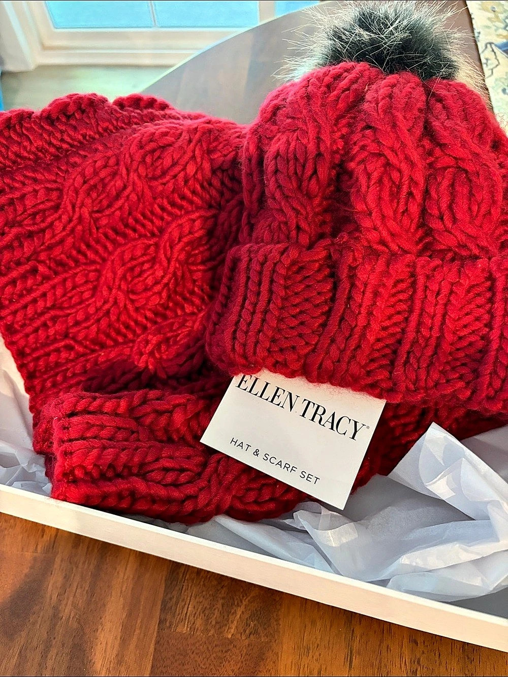 Ellen Tracy Hat & Scarf Set Crimson Red Knit NWT